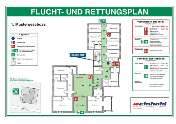 Flucht- und Rettungsplan eines Gebäudes mit farblich markierten Fluchtwegen, Standorten von Feuerlöschern, Erste-Hilfe-Einrichtungen und Sammelplätzen. Rechts befinden sich Verhaltenshinweise für Brand- und Notfälle. Unten ist das Logo der Firma „Weinhold