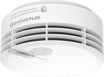 Weißer Rauchmelder des Modells Genius PLUS mit seitlichen Lüftungsschlitzen zur Raucherkennung und zentraler Test-/Stummtaste an der Unterseite.